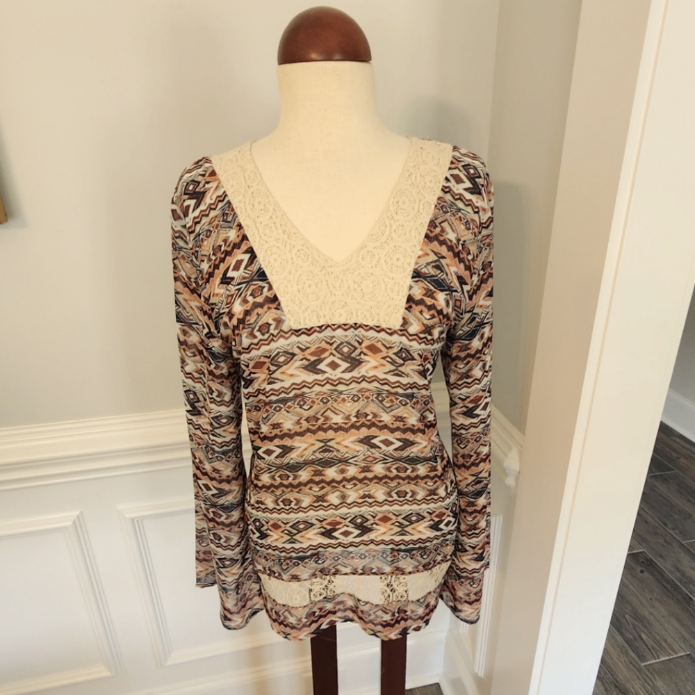 Bell Sleeve Sheer Colorful Geometric Southwest Print Tunic Top by About A Girl